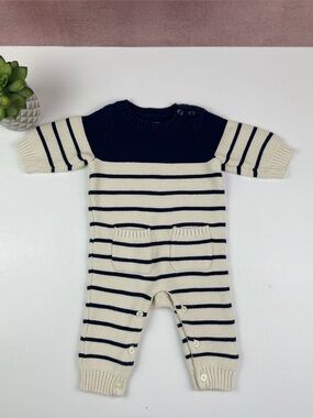 Gap Baby Navy Blue White Cream Crochet Knit One Piece Outfit Baby 0-3 Months
